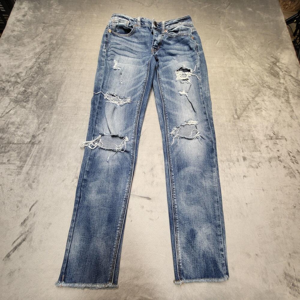 American Eagle Jeans Womens 00 Blue Tomgirl Distressed Ripped Stretch Button Fly